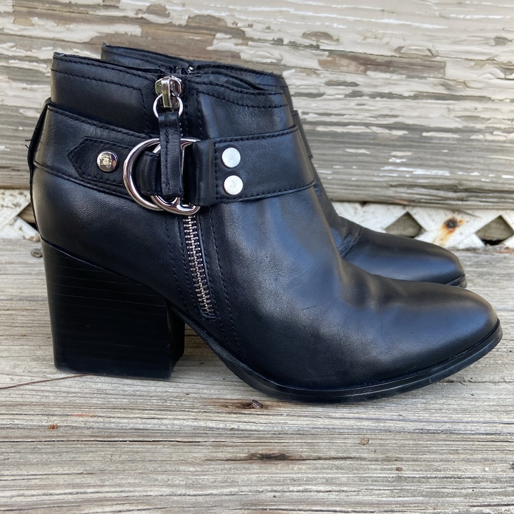 Marc Fisher Vanqar Black Leather Moto Harness Ankle Boots Women's Size 6.5